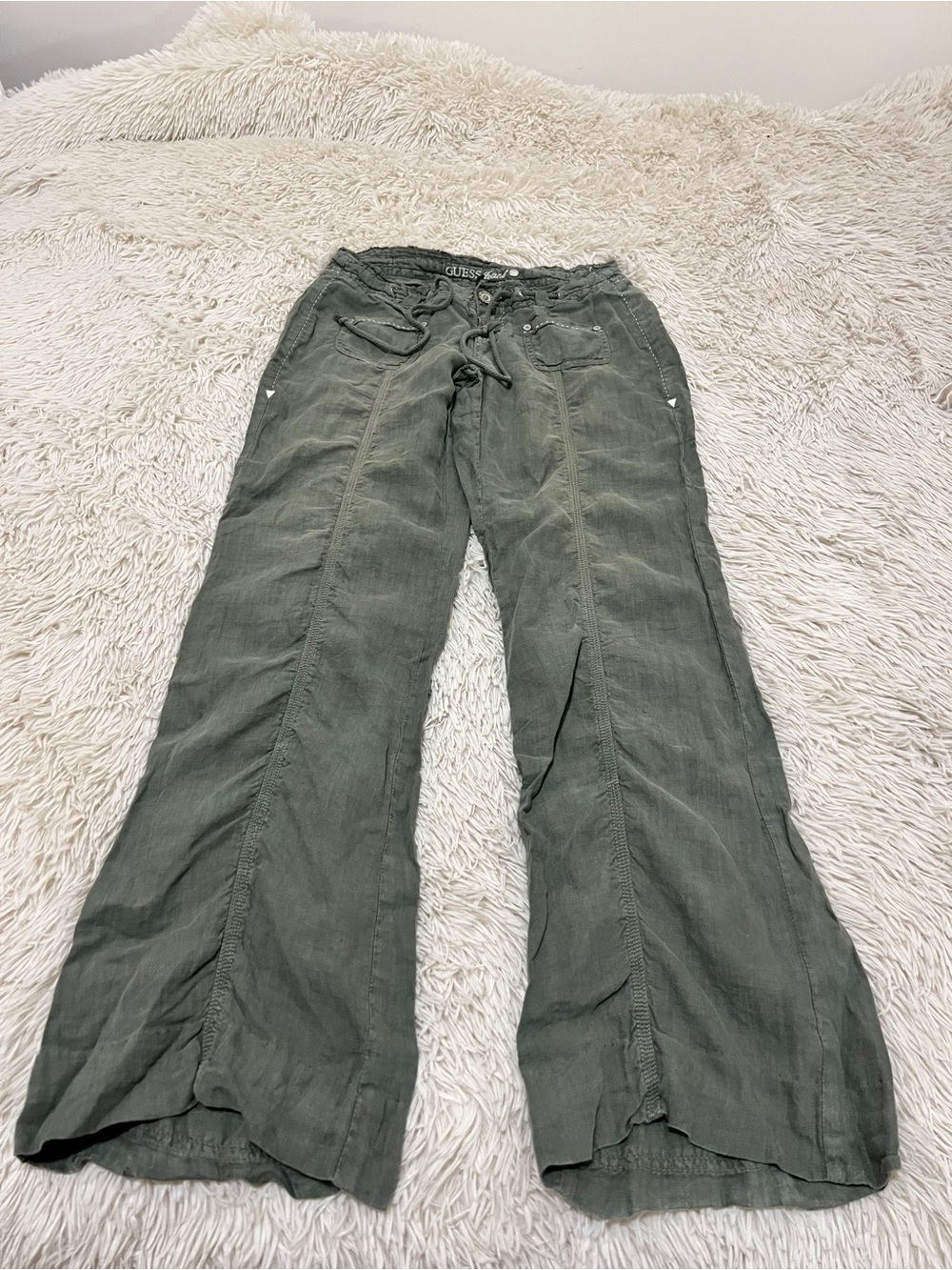 Guess Olive Green Wide-Leg Drawstring Linen Pants